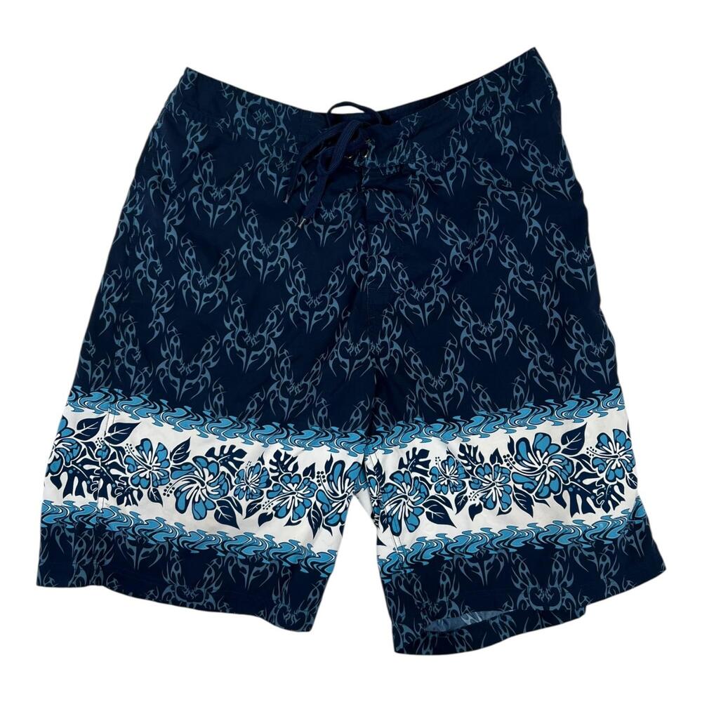 VTG Sideout Board Shorts Mens L Blue Tribal Hawaiian Floral Swim Trunks Surf Y2K